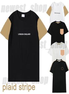 Verão Mens Designer Luxo Camiseta Mulheres Camiseta Londres Inglaterra Carta Imprimir Grade Clássica Xadrez Listrado Patchwork Bolso Casual C6659644