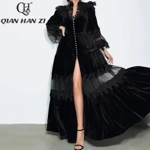 Casual Kleider QHZ Fashion Runway Maxi Kleid Frauen Laterne Hülse Retro Aushöhlen Sticken Spitze Rüschen Spleißen Samt Hohe Split Party
