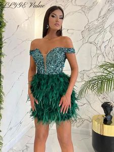 Party Dresses Euphoria Sequin Feather Women's Mini Skirt Dress Off Shoulder Sexy Shiny Evening Night Club Women 2024 Summer