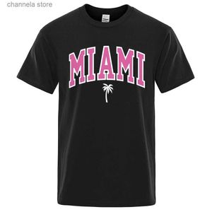 Erkek Tişörtler Miami Seaside City Kişilik Mektubu Tişört Erkekler Sıradan Gevşek Erkek Giyim Büyük Boy Yaz Pamuk Karikatür O yaka Pamuk Giyim T240202