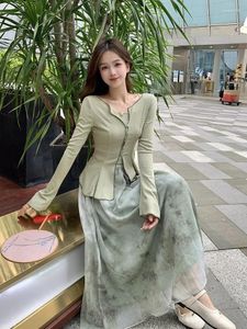 Arbetsklänningar sommar kinesisk stil elegant älva 3 stycken uppsättningar vintage lång ärm smala kardign tankar hög midja tryck blommig midi kjolar