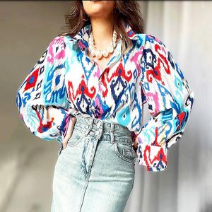 Kvinnor BLOUSES Fashion Young Lady Shirts tryckt skjorta med geometriskt mönster Top Woman Lantern Sleeve Chiffon SL499