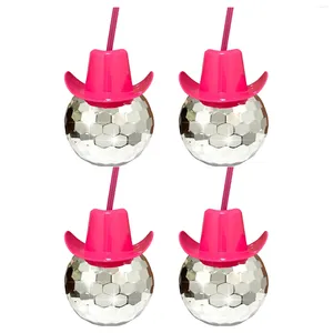 Kupalar 4pcs tek kız kokteyl bar ile pipetler şapka bardaklar şarap aynası 70s doğum günü disko top dans düğün kovboy batı pembe cowgirl