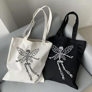 Sacos de armazenamento Mulheres Shopper Bag Canvas Preto Bolsas de Compras Aranha Borboleta Crânio Flores Imprimir Ombro Grande Capacidade Totes