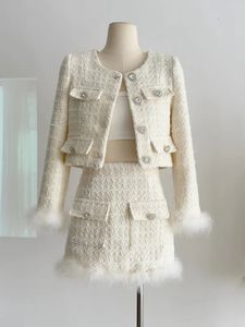 Autumn Winter French Vintage 2 Pieces Sets Tweed Jacket Short Coat Feather Splicing BlazerHigh Waist Mini Skirt Suit 240124