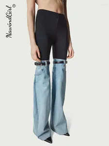 Women's Jeans Casual Patchwork Wide Leg Pants Women Belt Elastic Waist Colorblock Stretch High Street Flared Pant 2024 Elegant Trousers
