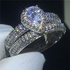 2018 conjunto de anel deslumbrante 925 prata esterlina pave configuração diamante cz noivado anéis de banda de casamento para mulheres jóias de noiva291s