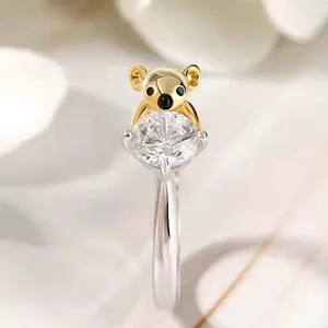 Anelli a grappolo Donna Moda coreana Gotico Simpatico Koala Orso Zircone Nicchia Anello di fidanzamento con gioielli in oro a bocca aperta di alta qualità a due colori