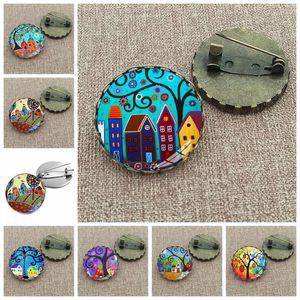 Brooches Colorful House And Tree Brooch Pin Cute Abstract Oil Painting Glass Cabochon Cartoon Pins Gifts Women