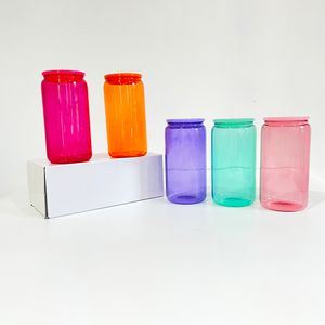 USA Warehouse RTS tomt sublimering BPA gratis 16oz Borosilikat Klar transparent geléfärgat sodavlas med färgglada plastlock för UV -omslag och vinyl