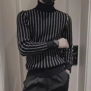 Man Clothes Pullovers Knitted Sweaters for Men Turtleneck Black High Collar Striped Knitwears Baggy Wool Order T Shirt Casual A 240119