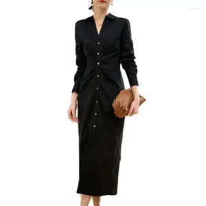 Sukienki swobodne eleganckie biuro dama czarna wiosna samotna piersi Folds Folds Women Slim A-Line Sukienka moda retro żeńska szata