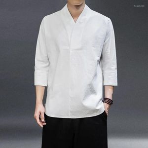 Mäns T -skjortor Summer Thin Hanfu Ancient Style 3/4 ärmar Solid Color Kung Fu Clothes Harajuku Top Chinese Cotton Linen Shirt Men