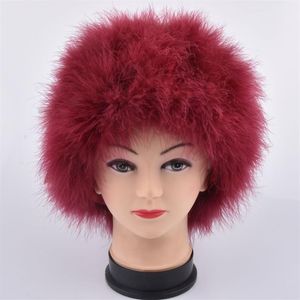 Kvinnor Winter Fur Cap äkta struts Feather Turkiet pälshatt Multicolor Turkiet Beanies Hat Full fodrad lätt vikt212q