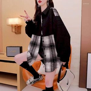 Women's Blouses Plaid Shirts For Women Polo-neck Vintage Patchwork Oversized Long Sleeve Casual Mid Length Blouse Korean Style Coats Tops