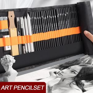 27/38/47 Pieces Sketch Pencils Set with Roll Up Canvas Pen Bag Art Drawing Painting Charcoals Kneaded Eraser Sketching Kit 240122