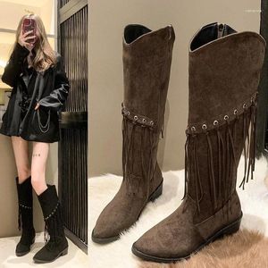 Boots Fashion Böhmen Knäslängd Kvinnor pekade Tassels Faux Suede Ladies Chunky Heel Long Botas Mujer 2024