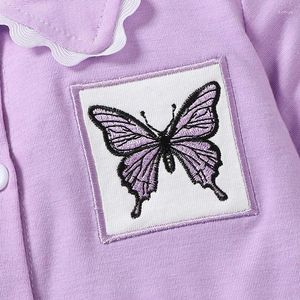 Set di abbigliamento Pigiama estivo per bambina con ricamo a farfalla, a maniche corte, con bottoni e risvolto, con pantaloncini con volant in vita elastica