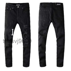 Men Stack Jeans European Grey Jean Mens Embroidery Letter Ripped for Trend Brand Vintage Pant Casual Streetwear Stylist Black with Cotton Blend 7OMR