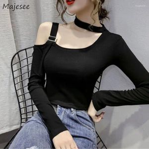 Women's T Shirts Long Sleeve T-shirts Women Off-shoulder Hollow Out Crop Tops Basic Slim All-match Casual Spring Elegant Sexy Cool