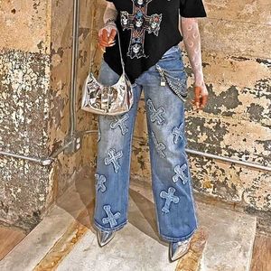 Kvinnors jeans stilfull dam vintage punk jeans 2023 höst kvinnor hög midja tvätt denim tassel cross hip hop street raka byxor j240202