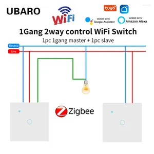 Smart Home Control UBaro EU 1Gang 2 Way Wifi Tuya Zigbee Wall Switch Glass Panel för Google Alexa Voice Light Sensor -knapp Cross