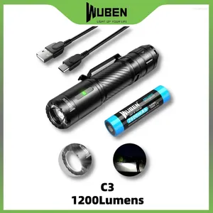 Lanternas Tochas Wuben C3 LED Lanterna USB Tipo-C Recarregável 1200 Lumens IP68 Lanterna de Acampamento À Prova D 'Água 18650 Bateria Incluída
