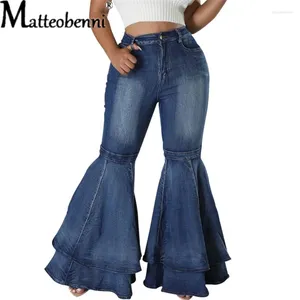 Damen-Jeans, lässig, vielseitig, große ausgestellte Form, Spleißen, Damenmode, weites Bein, blau gewaschene Denim-Hose, Pendler-Baumwoll-Stretch-Hose