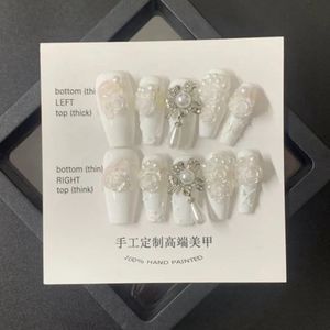 Handmade White Press on Nails Luxury Star Nails Korean Coffin Design Medium-length Reusable Adhesive False Nails Acrylic Nails 240129