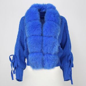 Роскошная зимняя женская повседневная модная короткая теплая свободная вязаная куртка с воротником из натурального лисьего меха с воротником из натурального меха 240124