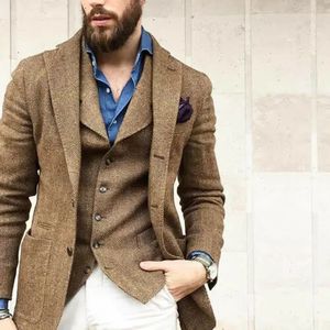 Mais recente noivo usar homem usar tweed espinha de peixe smoking vestido de casamento vestidos de baile terno de negócios 3 peça suitjacketpantvest 240123