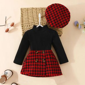 Clothing Sets 6-36 Months Listenwind Baby Girls Dress For Fall Or Winter Solid Color Top Thousand Bird Check Half Skirt With Beret