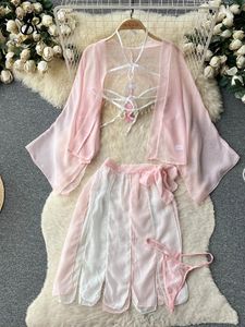 Vestidos de trabalho Singiny Sheer Clássico Hanfu Sexy Dress Define Mulheres Halter Bellyband Xaile Cardigan Split Saia Erótica Chiffon 4 Peças Conjunto