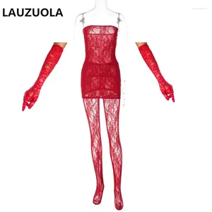 Casual Dresses 3 Pieces Women Mini Dress Leggings Handskar Matchning Set 2024 Club Party See Through Black Red Lace Suit Outfits