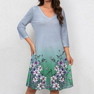 Casual Dresses Women Dress Flower Print V-Neck Lång ärm för mjuk stretchig cocktailfest kväll andas lös passform