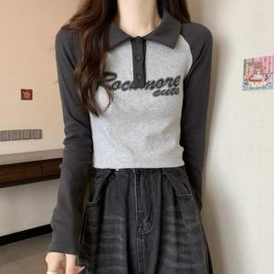 レディースポロストップポロネックシャツスプリングクロップ服Tシャツ緑の長袖ボタンかわいい高品質の若者豪華なトレンドコットンV