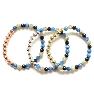 MG2045 NEW DESING 6 mm Blue Kyanite Labradorite Black Tourmaline Mix Gemstone Bracelet Womens Cooper Beads Yoga Wrist Mala