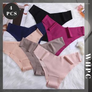 Calcinhas femininas 4 pçs / set mulheres de seda roupa interior em forma de v sexy biquinis peças sólidas sem costura feminina lingerie deslizamento femme