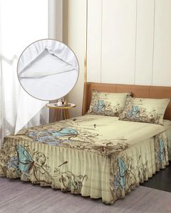 Юбка-кровать, деревянное зерно, растение, бабочка, эластичное покрывало в стиле ретро с наволочками, наматрасник, комплект постельного белья, простыня