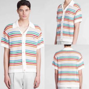 Novo Casablanca 24ss Designer de malha oco botão camisa de manga curta casaco masculino e feminino casual versátil arco-íris listra lã cardigan suéter polos tops Casablanc