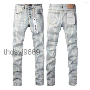 Mens Jeans Designer Roxo Marca Masculino Luz Azul Y2K High Street Denim Pintura Graffiti Padrão Danificado Rasgado Calças Skinny IRCV