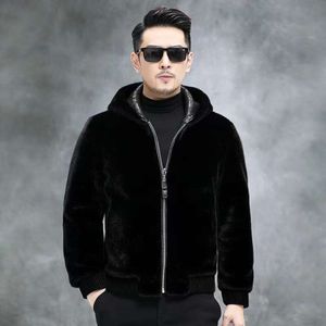 Hooded Mink Fur Coat for Men Whole Real Winter Velvet Thickened Warmth J3KN