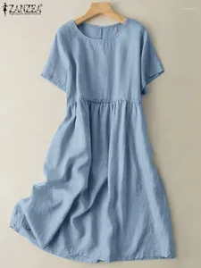 Повседневные платья, женское винтажное хлопковое платье, лето 2024, однотонное платье миди Femme ZANZEA, с коротким рукавом, модные мешковатые оверсайз