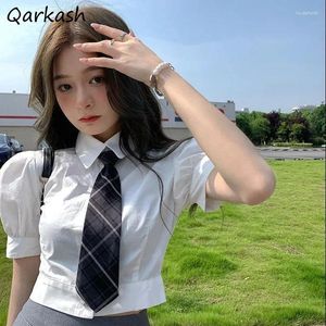 Women's Blouses Preppy White Shirts With Tie Women Aesthetic Cute Summer Crop Tops All-match Stylish Temperament Style Students Clothing Ins