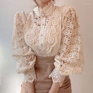 Blusas femininas vintage blusa de renda branca camisas femininas 2024 botão coreano camisa solta topos feminino oco casual senhoras blusas 12419