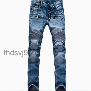 Wholesale- Mens Fashion High Quality Ripped Biker Jeans Men Distressed Moto Denim Joggers Washed Pleated Pants Black Blue White RDQB