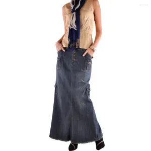 スカート夏の女性デニムエレガントヴィンテージバックスリットカジュアルポケット女性ファッションソリッドパッケージバッティングプラスサイズの長い