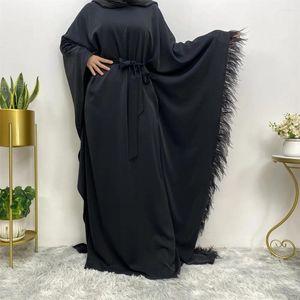 Этническая одежда Ид Мубарак Джеллаба Перо Абая Свободное платье макси Дубай Турция Кафтан Женщины Мусульманские рукава «летучая мышь» Абая Исламский халат