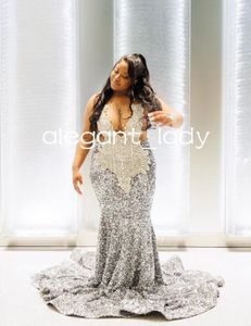 Silver Diamond Sparkly Evening Birthday Dresses For Black Girl Luxury Crystal Sequins Velvet Prom Ceremony Gown 2024 Cocktail