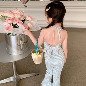 Clothing Sets Summer Girls 2 Pcs Set Baby Halter Vest Flare Pants Kids Suits Children Ins Clothes Backless Check Plaid Ruffle Ruched 1-7Y